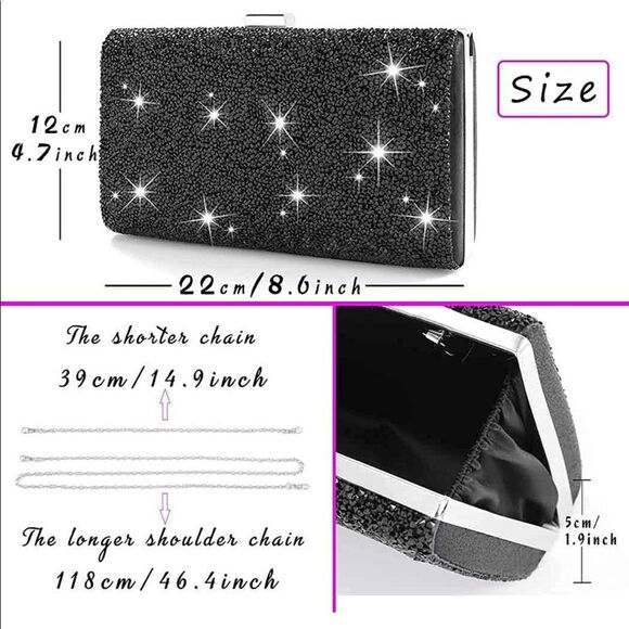 Black Crystal Purse with Crystals on Front and Back & silver detachable chain - Picture 4 of 5